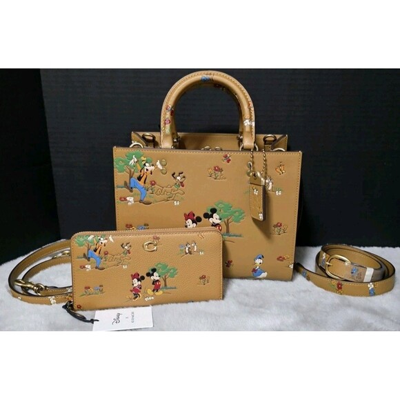 COACH X DISNEY ROGUE 25 MICKEY MOUSE & FRIENDS BAG *PLUS WALLET -HONEY BROWN NWT - Picture 1 of 16